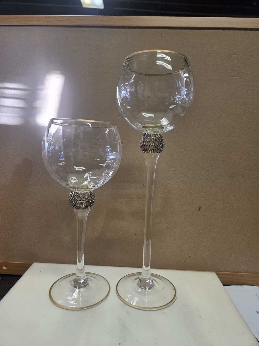 2 Long Stemmed Glass Candle Holder Or Wine Goblets with Rhinestone Stem Accents